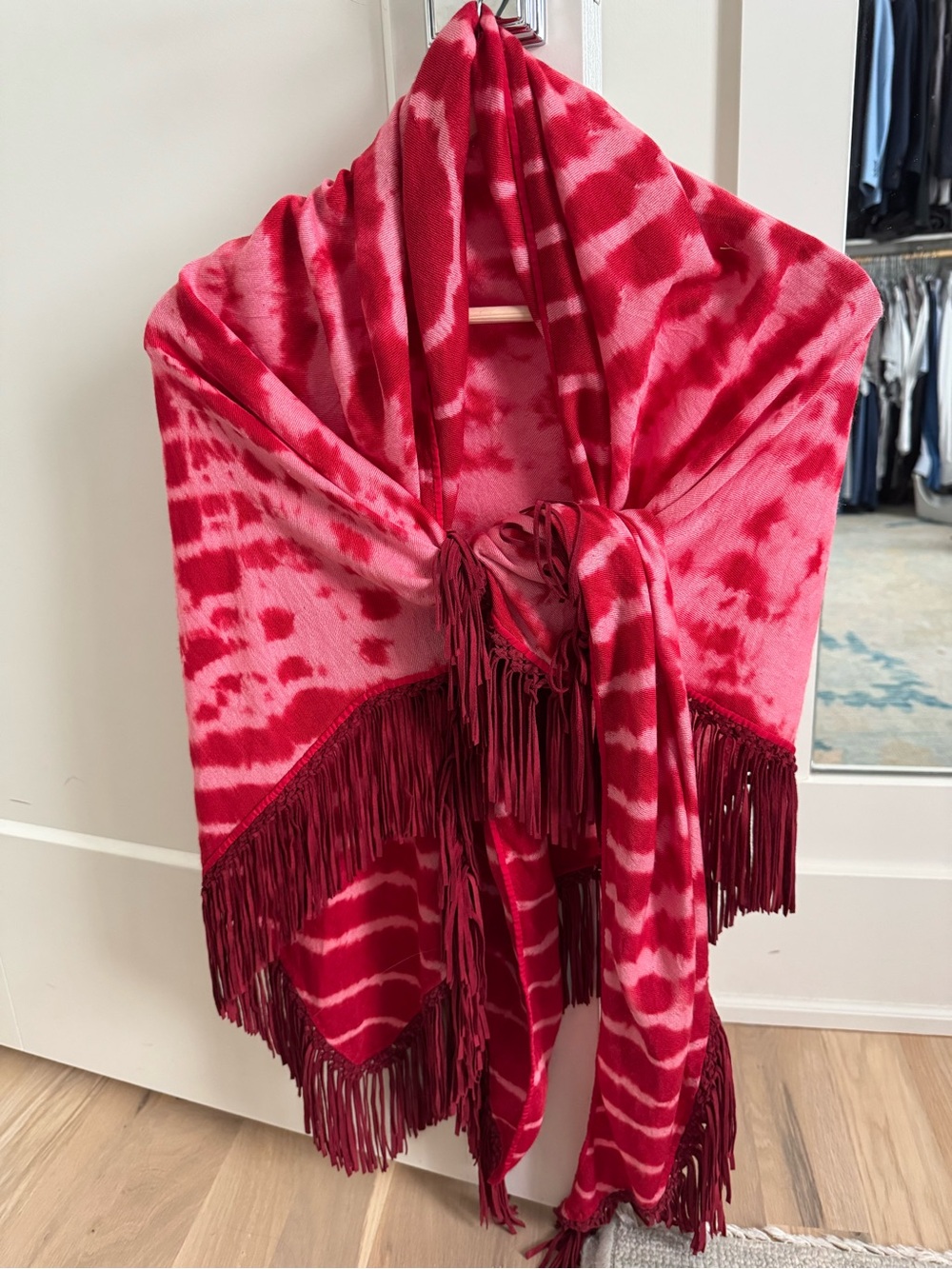 Bajra Cashmere Silk Tie Dye Raspberry triangle scarf with leather fringe